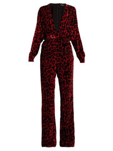 Balmain Leopard-print Wide-leg Velvet Jumpsuit