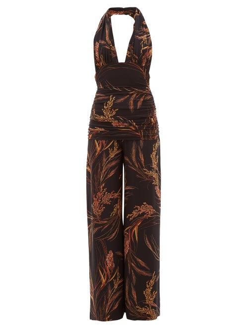 Matchesfashion.com Norma Kamali - Bill Halterneck Wheat-print Jersey Jumpsuit - Womens - Brown Print