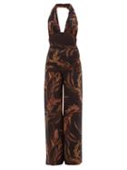 Matchesfashion.com Norma Kamali - Bill Halterneck Wheat-print Jersey Jumpsuit - Womens - Brown Print