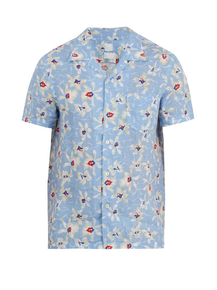 120 Lino Floral-print Short-sleeved Linen Shirt