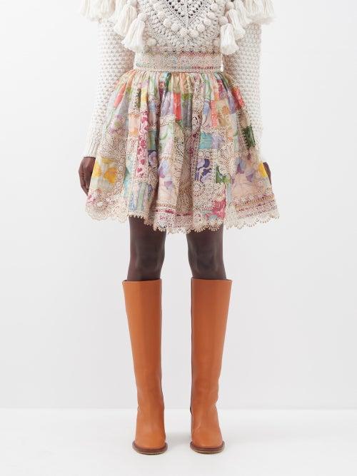Zimmermann - Cosmic Zodiac Doiley Linen-blend Mini Skirt - Womens - Beige Multi