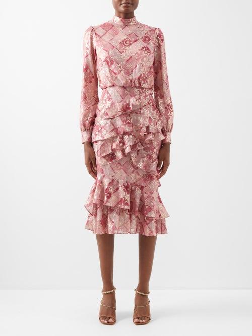 Saloni - Isa Star-fil Coup Ruffled Silk Midi Dress - Womens - Pink Multi