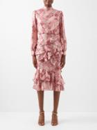 Saloni - Isa Star-fil Coup Ruffled Silk Midi Dress - Womens - Pink Multi
