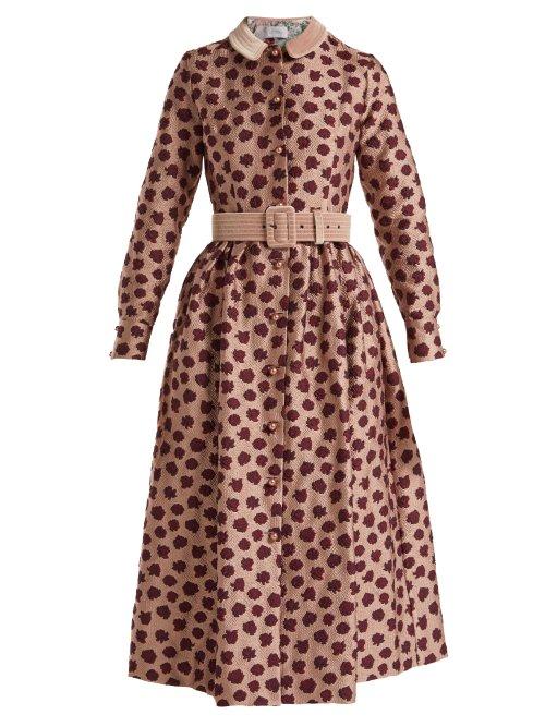 Matchesfashion.com Luisa Beccaria - Belted Long Sleeved Floral Jacquard Midi Dress - Womens - Red Multi