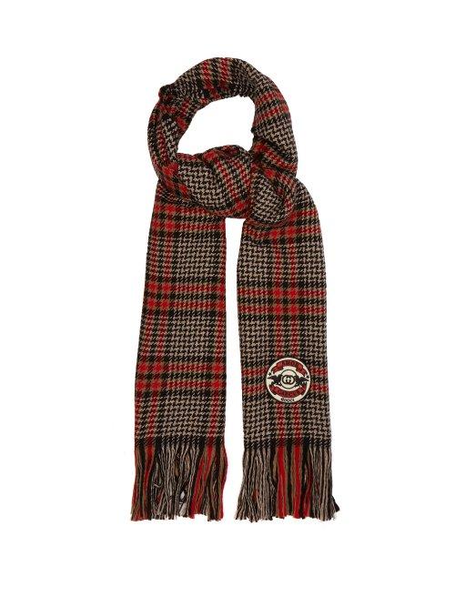 Matchesfashion.com Gucci - Fringed Houndstooth Check Logo Patch Scarf - Mens - Black Red