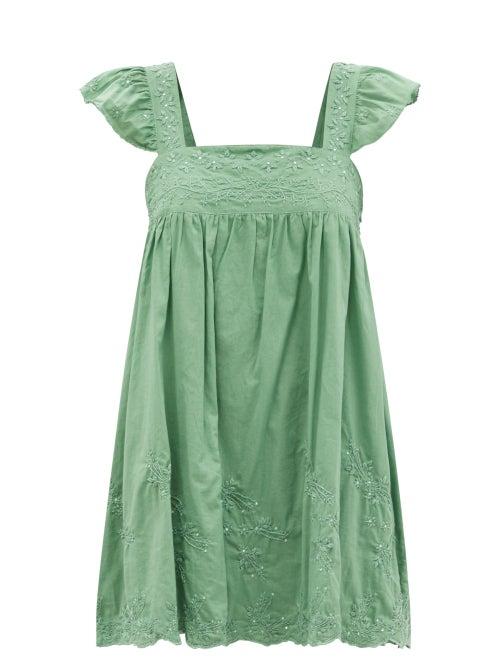 Ladies Beachwear Juliet Dunn - Ruffle-sleeve Floral-embroidered Cotton Mini Dress - Womens - Khaki