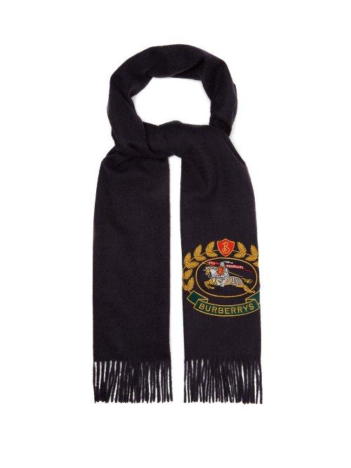 Matchesfashion.com Burberry - Crest Embroidered Cashmere Scarf - Mens - Navy