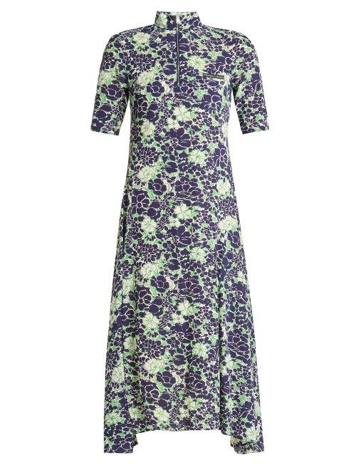 Matchesfashion.com Prada - Peony Print Silk Blend Dress - Womens - Blue