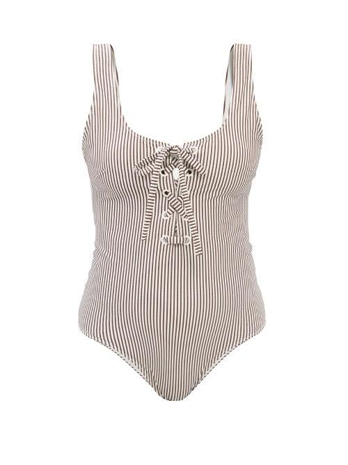 Ganni - Lace-up Striped Jersey Swimsuit - Womens - White Stripe