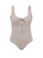 Ganni - Lace-up Striped Jersey Swimsuit - Womens - White Stripe