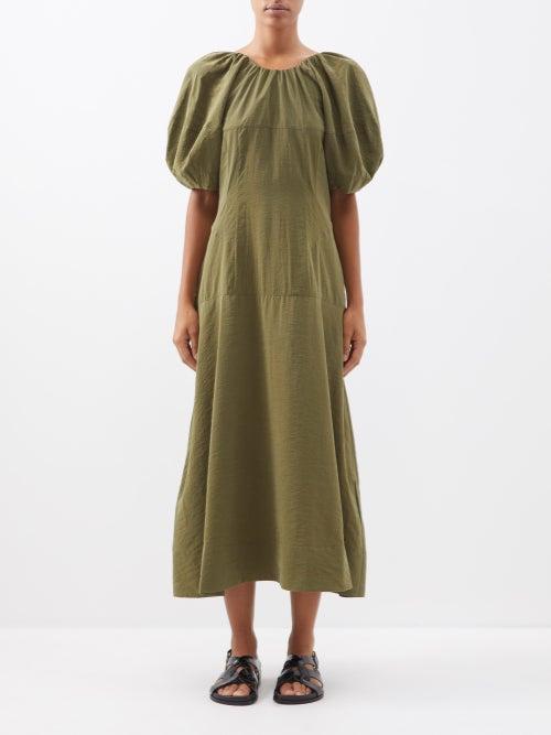 Lee Mathews - Phoebe Puff-sleeve Silk-blend Midi Dress - Womens - Khaki