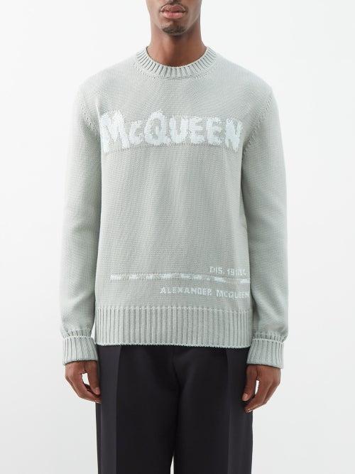 Alexander Mcqueen - Graffiti Logo-jacquard Cotton Sweater - Mens - Light Green