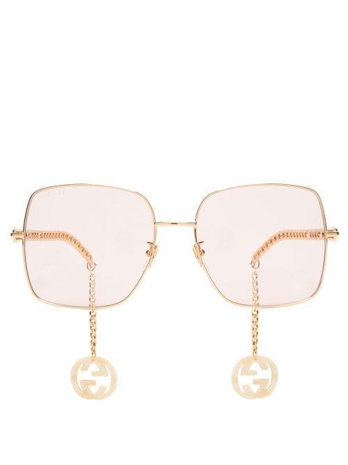 Matchesfashion.com Gucci - Gg Chain-charm Square Metal Sunglasses - Womens - Pink Gold