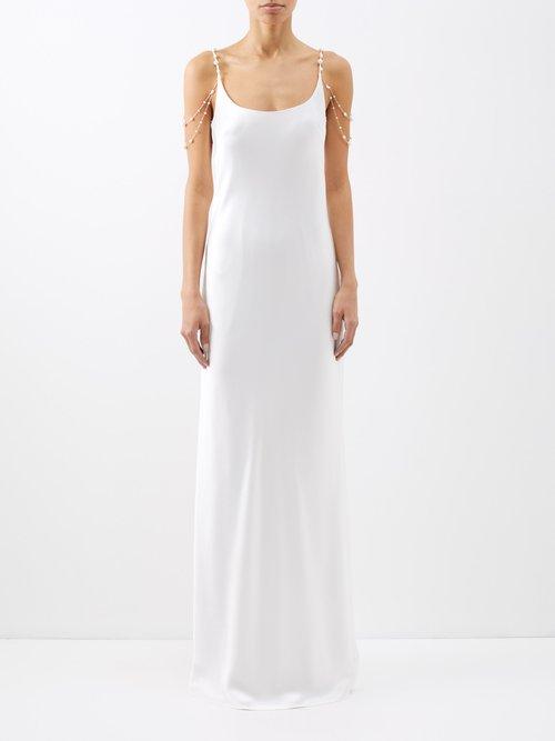 Galvan - Backless Embellished-strap Satin Gown - Womens - White