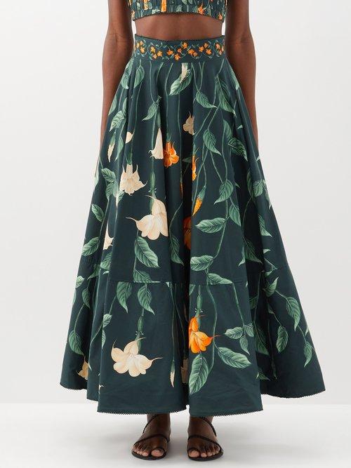 Agua By Agua Bendita - Bergamota Floral-print Cotton-poplin Midi Skirt - Womens - Green Orange