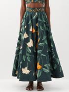 Agua By Agua Bendita - Bergamota Floral-print Cotton-poplin Midi Skirt - Womens - Green Orange