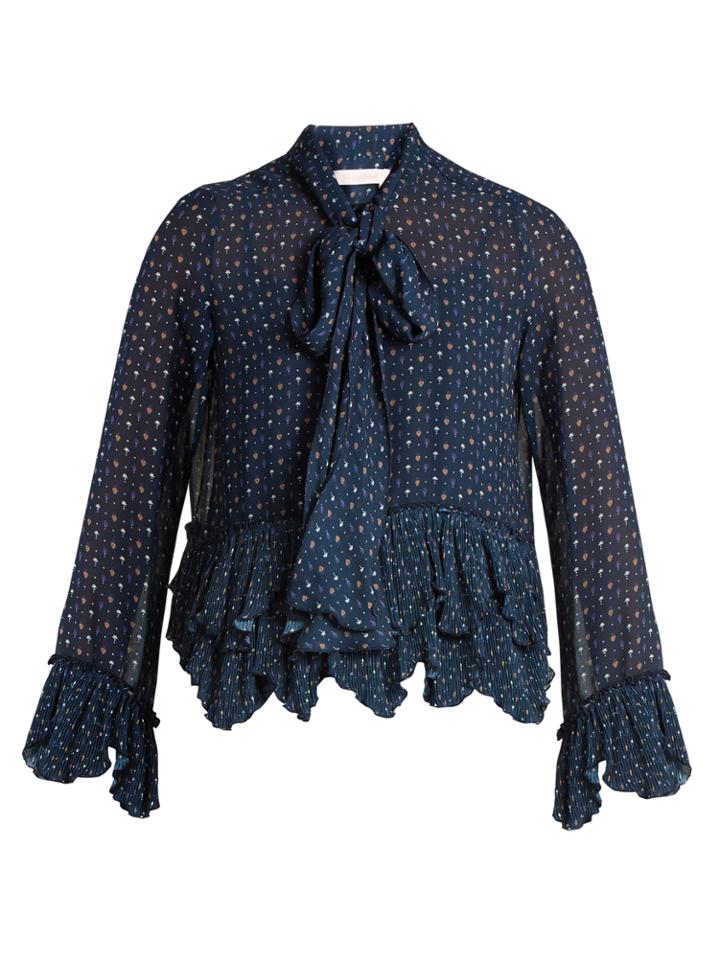 See By Chloé Floral-print Tie-neck Crepe Blouse