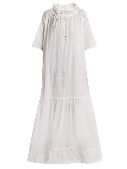 Matchesfashion.com Albus Lumen - Lola Dropped Waist Ruffled Neck Cotton Dress - Womens - White