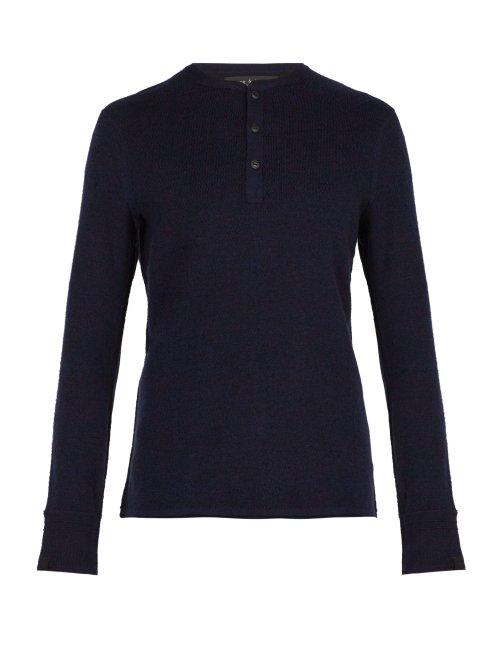 Matchesfashion.com Rag & Bone - Gregory Long Sleeved Wool Blend Henley Top - Mens - Blue