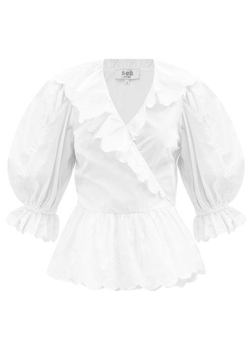 Sea - Heidi Puff-sleeve Cotton Wrap Blouse - Womens - White