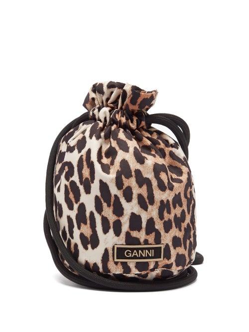 Ladies Bags Ganni - Drawstring Leopard-print Recycled-fibre Shell Bag - Womens - Leopard