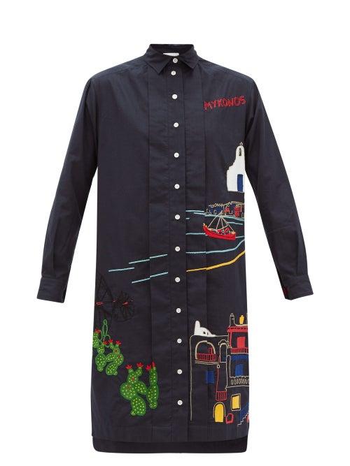 Matchesfashion.com Kilometre Paris - Mykonos Embroidered-cotton Shirt Dress - Womens - Blue Multi