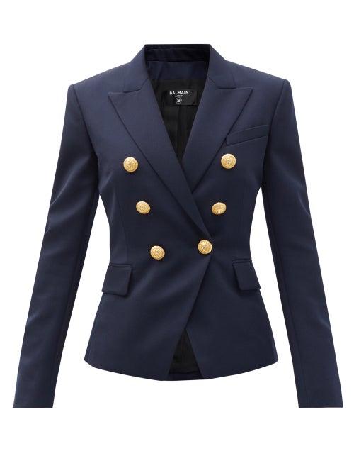 Ladies Rtw Balmain - Double-breasted Virgin Wool-twill Blazer - Womens - Navy