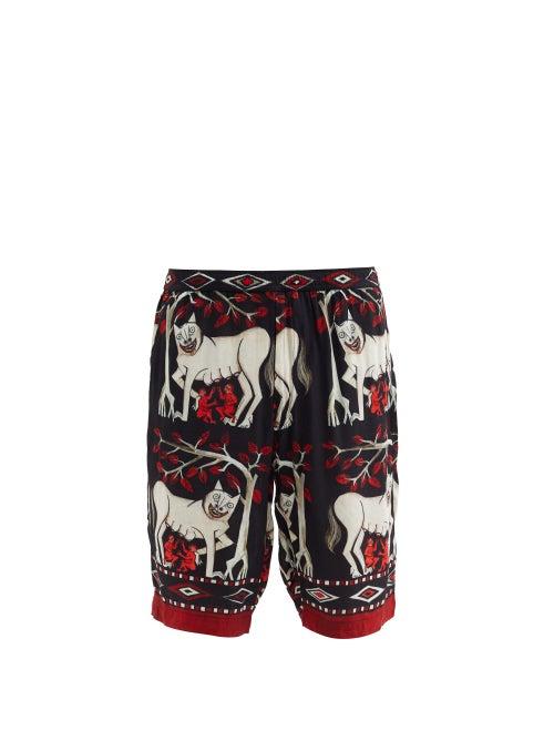 Matchesfashion.com Endless Joy - Romulus And Remus-print Poplin Shorts - Mens - Black