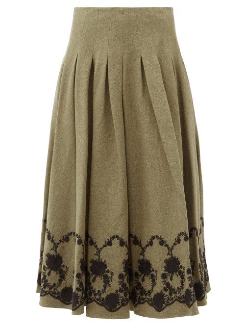 Matchesfashion.com Brock Collection - Floral-embroidered Tweed Midi Skirt - Womens - Khaki