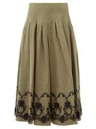 Matchesfashion.com Brock Collection - Floral-embroidered Tweed Midi Skirt - Womens - Khaki