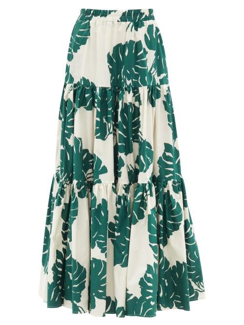 Ladies Beachwear La Doublej - Big Tiered Monstera-print Cotton-poplin Skirt - Womens - Green White