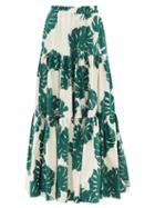 Ladies Beachwear La Doublej - Big Tiered Monstera-print Cotton-poplin Skirt - Womens - Green White