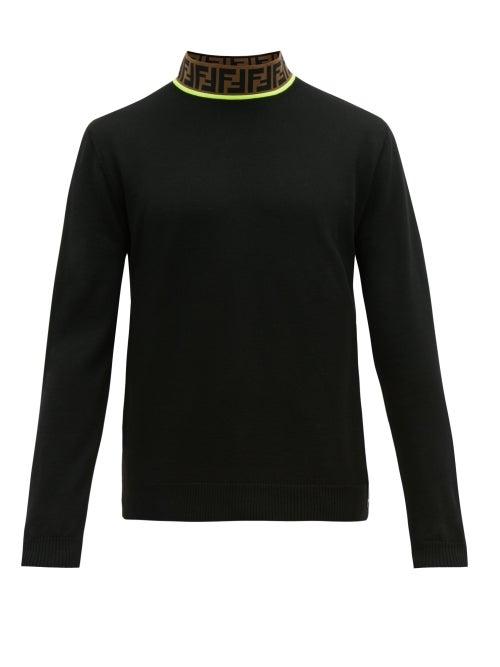 Matchesfashion.com Fendi - Logo Jacquard High Neck Wool Blend Sweater - Mens - Black