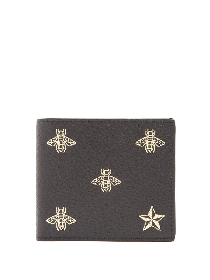Gucci Bee-print Bi-fold Grained-leather Wallet