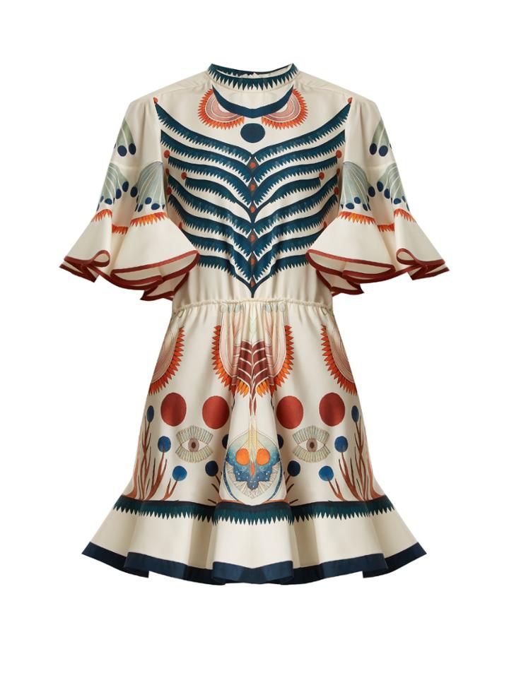 Chloé High-neck Graphic-print Fluted-detailed Silk Dress