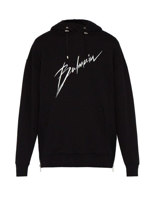 Matchesfashion.com Balmain - Logo Printed Cotton Hooded Sweatshirt - Mens - Black