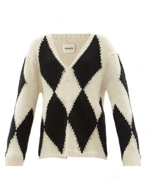 Khaite - Valerie Harlequin-intarsia Cashmere Sweater - Womens - Black Cream