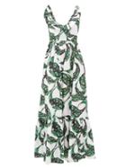 Matchesfashion.com Borgo De Nor - Liya Leaf-print Tie-back Ruffled Cotton Dress - Womens - Green White