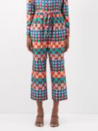 La Doublej - Mezzaluna Rainbow-print Silk-twill Trousers - Womens - Orange Multi