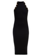 Matchesfashion.com Balmain - Crest Embossed Button Wool Blend Halterneck Dress - Womens - Black