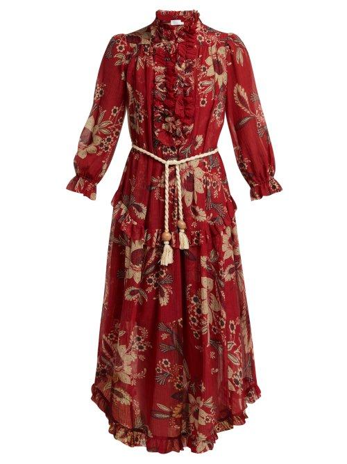 Matchesfashion.com Zimmermann - Juno Floral Print Cotton Blend Chiffon Midi Dress - Womens - Red Multi