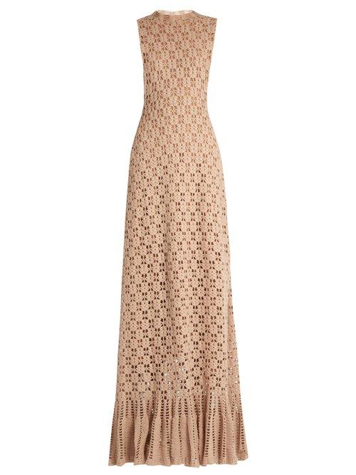 Matchesfashion.com Ryan Roche - Ruffled Hem Cashmere Crochet Knit Maxi Dress - Womens - Beige