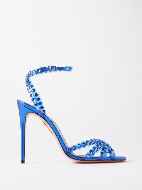Aquazzura - Tequila 105 Crystal-embellished Leather Sandals - Womens - Blue