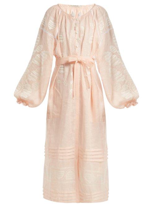 Matchesfashion.com Vita Kin - Leaf Embroidered Tie Waist Linen Dress - Womens - Light Pink