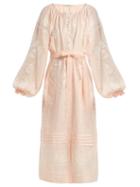 Matchesfashion.com Vita Kin - Leaf Embroidered Tie Waist Linen Dress - Womens - Light Pink
