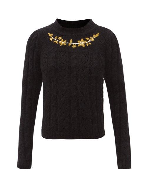 Matchesfashion.com Batsheva - Floral-embroidered Cabled Alpaca-wool Sweater - Womens - Black