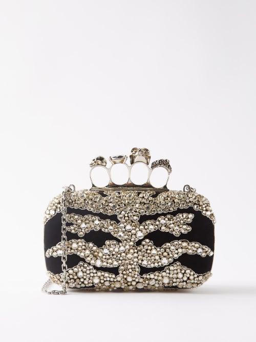 Alexander Mcqueen - Four Ring Crystal-embellished Satin Clutch Bag - Womens - Black Silver
