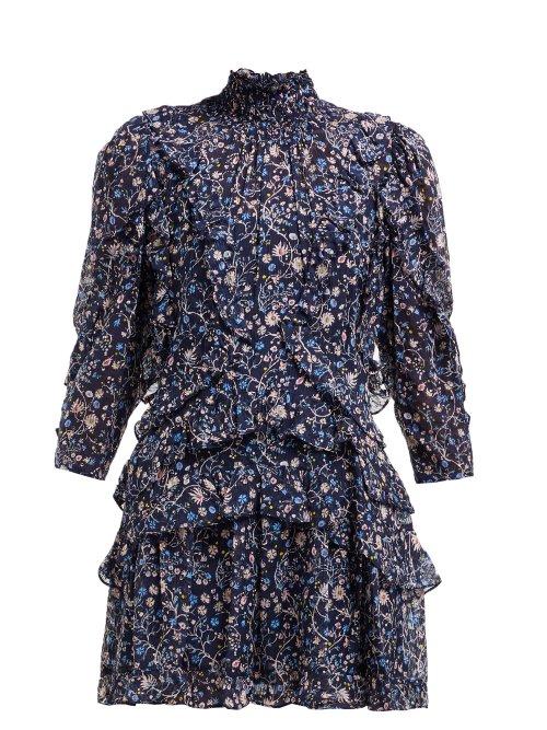 Matchesfashion.com Rebecca Taylor - Vivianna Ruffled Silk Blend Shirtdress - Womens - Navy Print