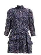 Matchesfashion.com Rebecca Taylor - Vivianna Ruffled Silk Blend Shirtdress - Womens - Navy Print