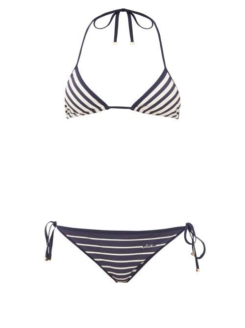 Matchesfashion.com Valentino - Striped Triangle Low-rise Bikini - Womens - Navy Multi